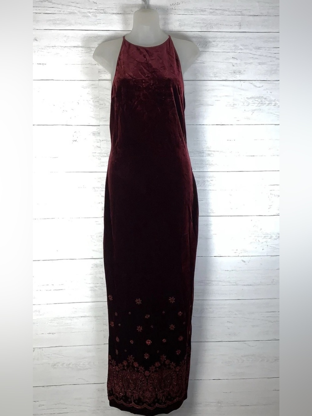Vtg.Y2K 90s Candy Rocket burgundy Flowers Sparkly Black Maxi Dress size L (READ)